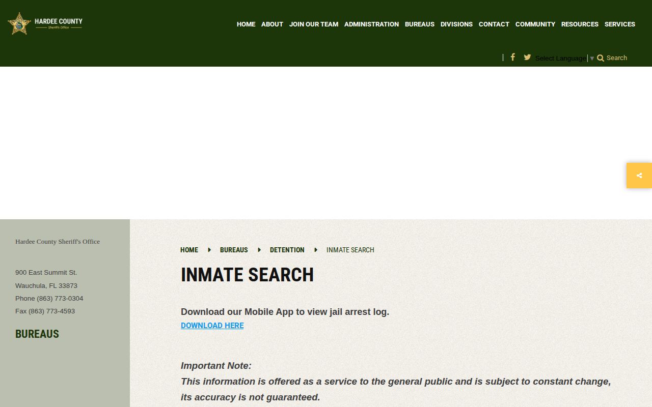 Hardee County busted jail roster and official inmate search route